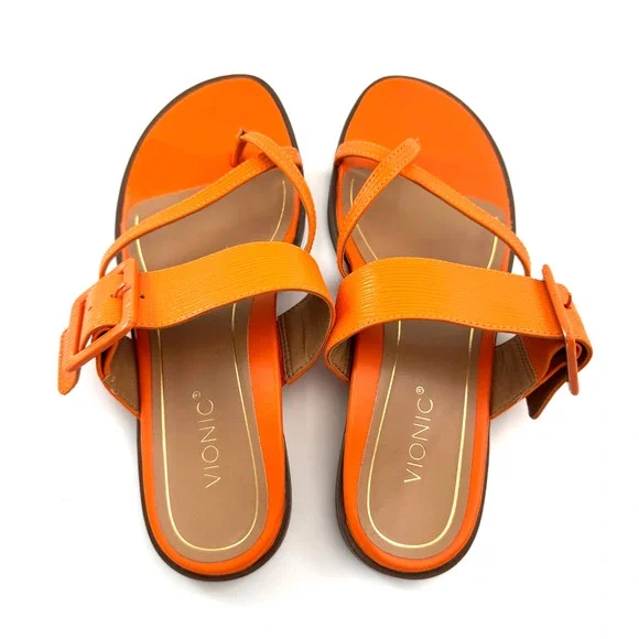 Vionic Julep Orange Leather Thong Buckle Flat Sandals Women's Size 7.5 - Picture 2 of 5